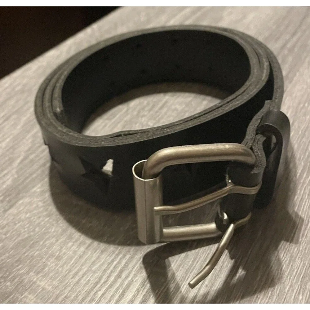 Black Vintage Vanity Stars Cut Out Belt Big Silver Buckle Size Large READ